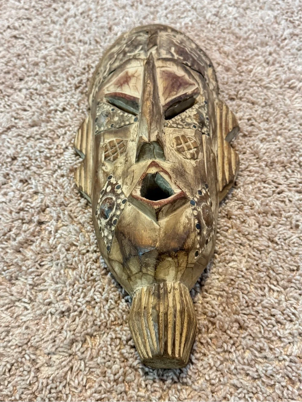 Wall Art Handmade Thinking Mask African Wood Mask (Ghana) 15”